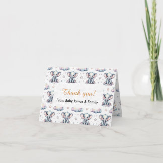 Watercolor Blue Elephant Boy Baby Shower Thank You Card