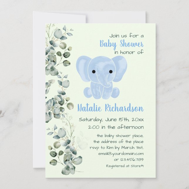 Watercolor Blue Elephant Nursery Boy Baby Shower Invitation (Front)