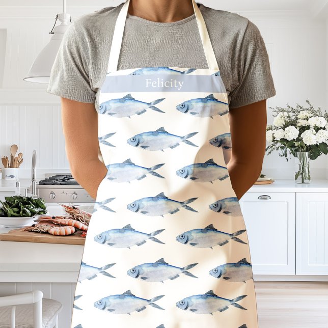 Watercolor Blue Fish Coastal   Apron (Watercolor blue fish apron personalized custom name)