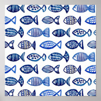 Watercolor blue fish pattern print. Sea animal art