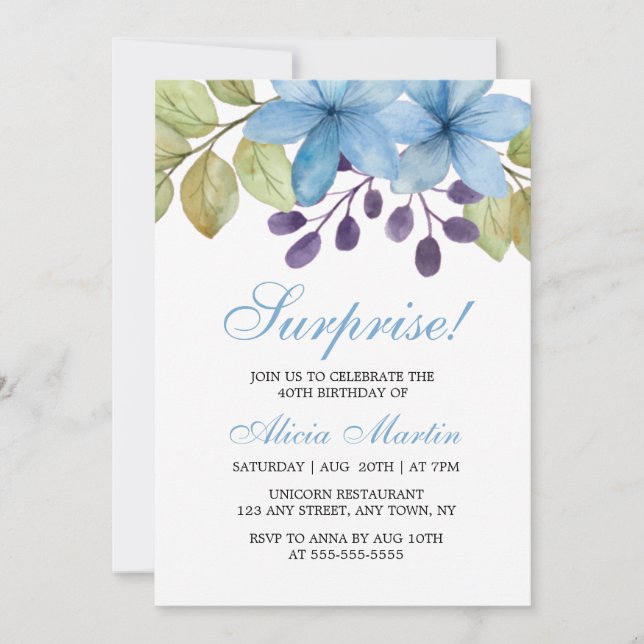 Watercolor Blue Flora Any Age Surprise Birthday Invitation (Front)