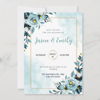 Watercolor blue flora elegant wedding invitation