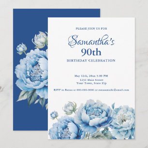 Watercolor Blue Floral 90th Birthday Party Invitation