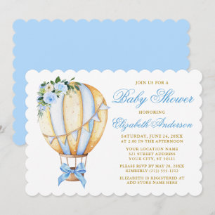 Watercolor Blue Floral Air Balloon Bow Baby Shower Invitation