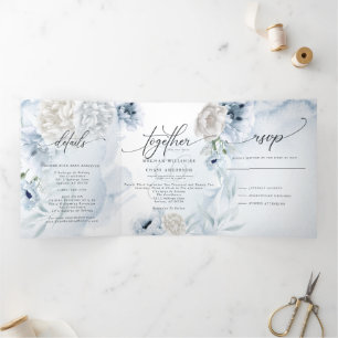 Watercolor Blue Floral ALL IN ONE WEDDING 2 Tri-Fold Invitation
