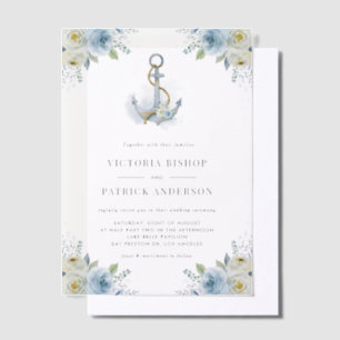 Watercolor Blue Floral Anchor Coastal Wedding Vellum Invitations