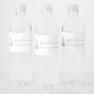 Watercolor Blue Floral Anchor Nautical Baby Shower Water Bottle Label