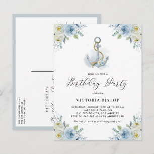 Watercolor Blue Floral Anchor Nautical Birthday Invitation Postcard