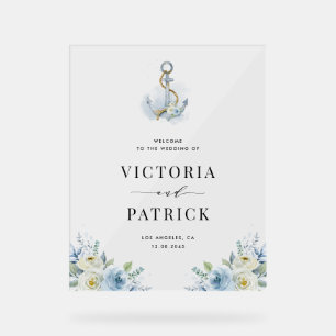Watercolor Blue Floral Anchor Nautical Wedding Acrylic Sign