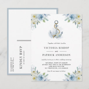 Watercolor Blue Floral Anchor Nautical Wedding Invitation Postcard