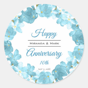 Watercolor Blue Floral Anniversary Wreath Classic Round Sticker