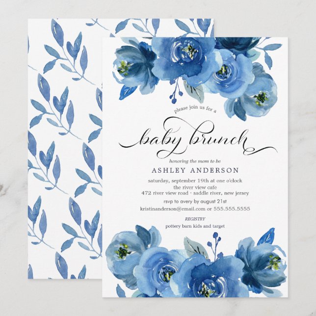Watercolor Blue Floral Baby Brunch Invitation (Front/Back)
