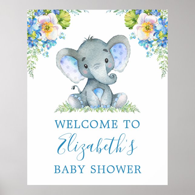 Watercolor Blue Floral Baby Elephant Baby Shower Poster (Front)