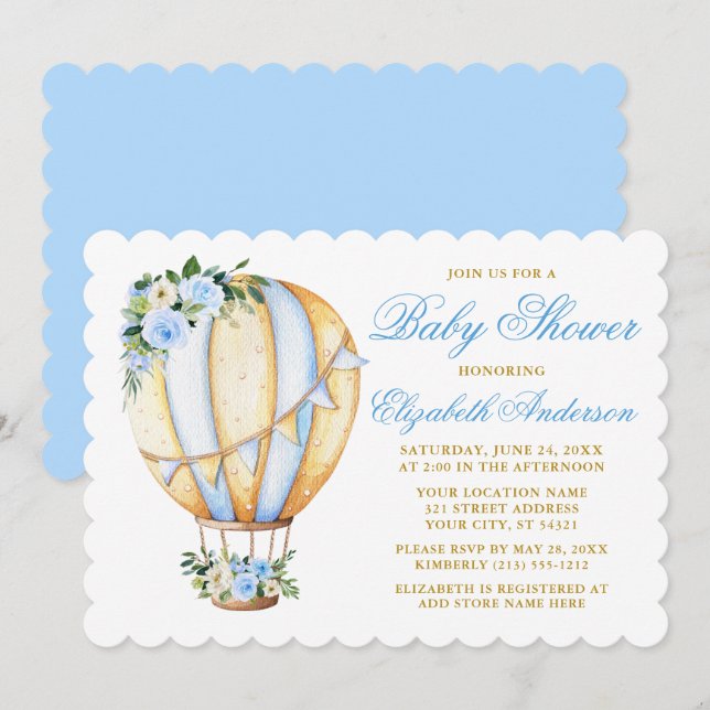 Watercolor Blue Floral Baby Shower Air Balloon Invitation (Front/Back)