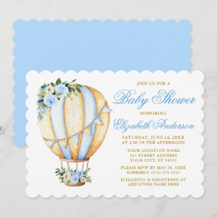 Watercolor Blue Floral Baby Shower Air Balloon Invitation