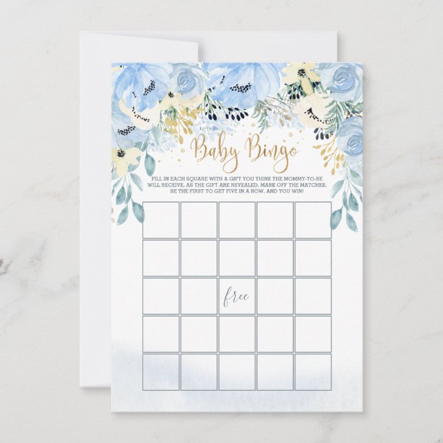 Watercolor Blue Floral  Baby Shower Bingo Game  Invitation (Front)