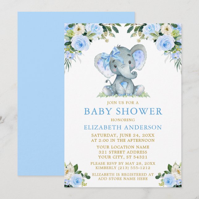 Watercolor Blue Floral Baby Shower Elephant Bow Invitation (Front/Back)