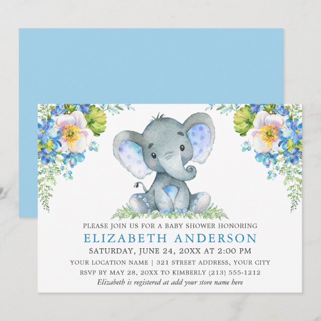 Watercolor Blue Floral Baby Shower Elephant Invitation (Front/Back)