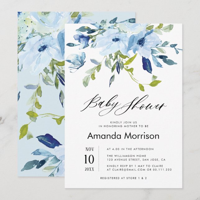 watercolor blue floral baby shower invitation (Front/Back)