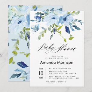 watercolor blue floral baby shower invitation