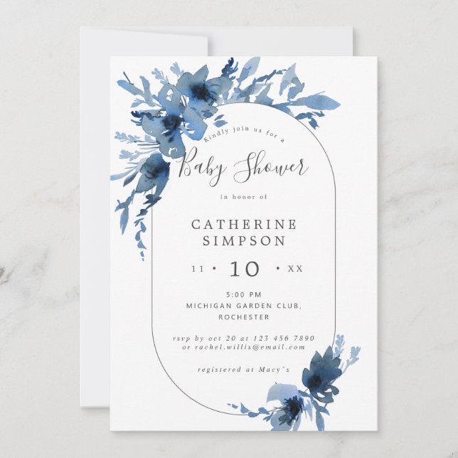 Watercolor blue floral baby shower invitation (Front)