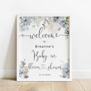 Watercolor Blue Floral Baby Shower Welcome Poster
