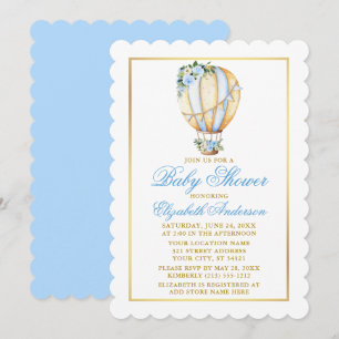 Watercolor Blue Floral Balloon Baby Shower Gold Invitation