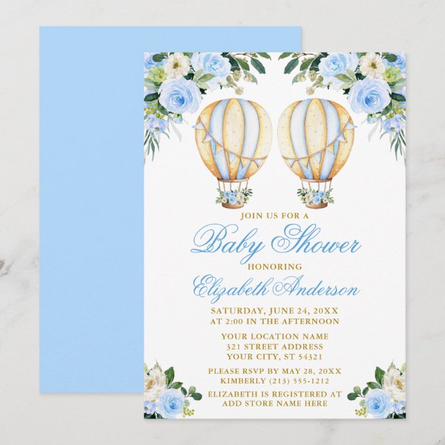 Watercolor Blue Floral Balloons Twins Baby Shower Invitation (Front/Back)