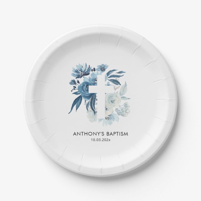 watercolor blue floral baptism paper plate (Front)