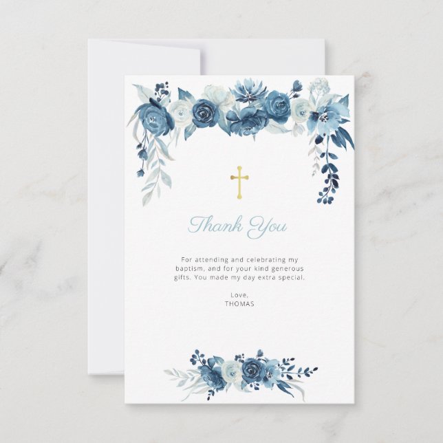 watercolor blue floral baptism thank you card (Front)