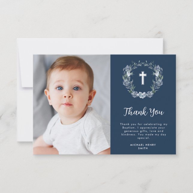 watercolor blue floral baptism thank you card (Front)