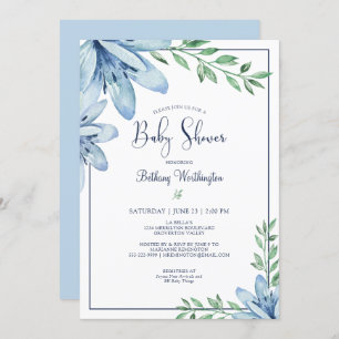 Watercolor Blue Floral Blooms Baby Shower Invitation