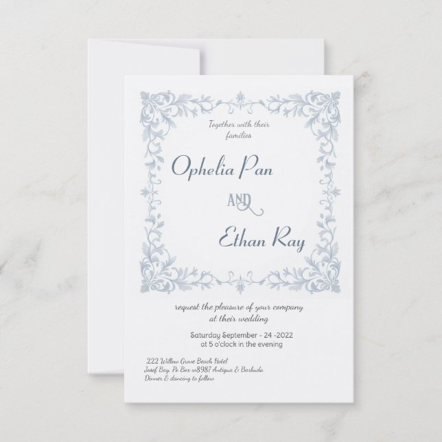 Watercolor Blue Floral Border wedding Invitation (Front)