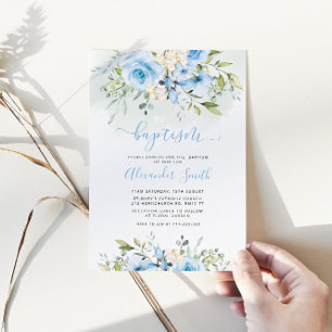 Watercolor blue floral boy baptism invitation
