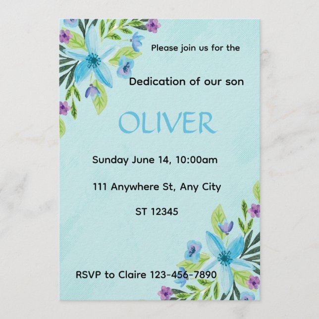 ​Watercolor Blue Floral  Boy Dedication Invitation (Front)