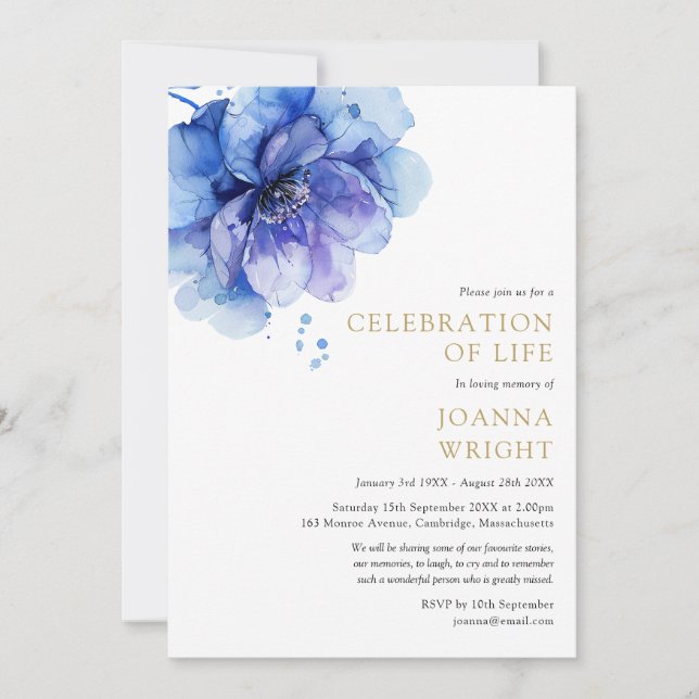 Watercolor Blue Floral Celebration Of Life Funeral Invitation (Front)