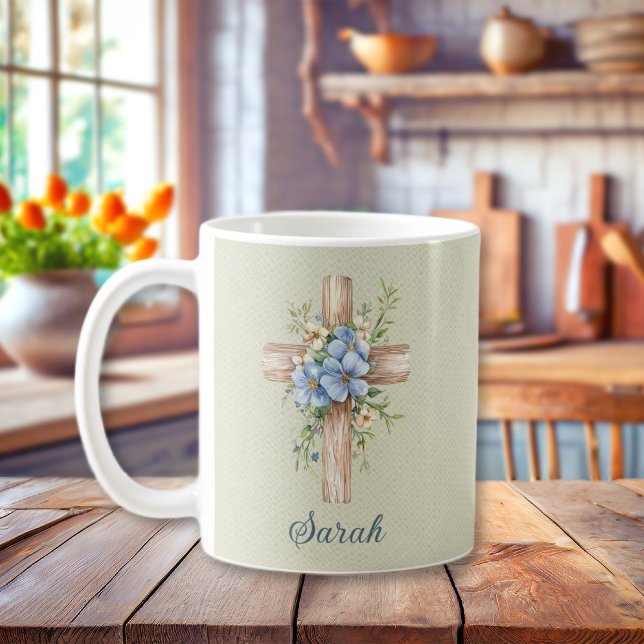 Watercolor Blue Floral Cross Personalised Coffee Mug (Watercolor Blue Floral Cross Personalized Coffee Mug
)