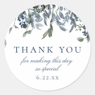 Watercolor Blue Floral Dated Thank You Classic Round Sticker
