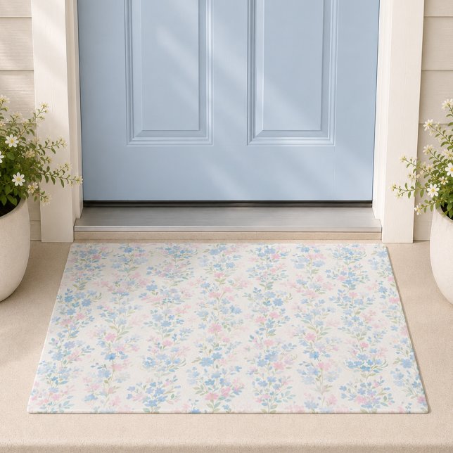 Watercolor Blue Floral Doormat (elegant girly grandmillennial pale powder blue blush pink floral door mat)