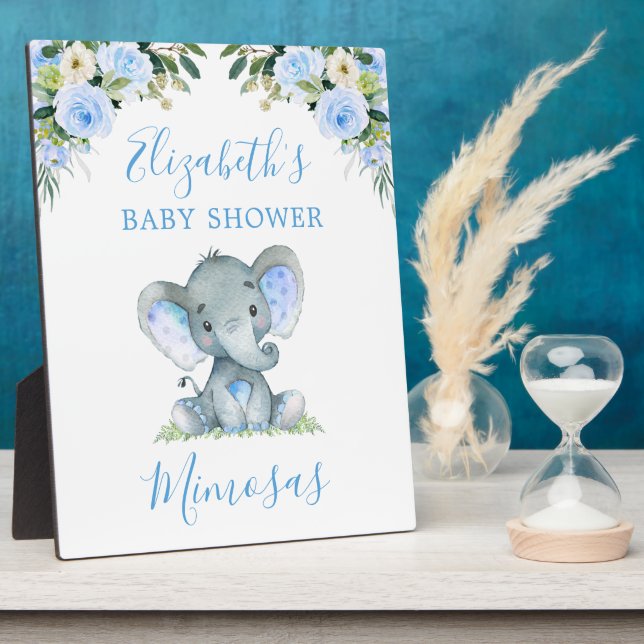 Watercolor Blue Floral Elephant Baby Shower Table Plaque (Side)