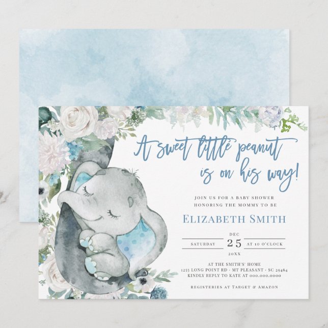 Watercolor Blue Floral Elephant Boy Baby Shower  Invitation (Front/Back)