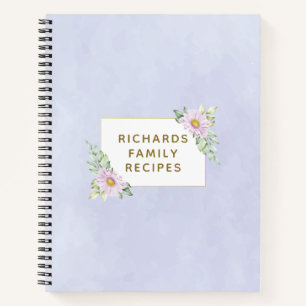 Watercolor Blue Floral Frame Family Recipe Notebook