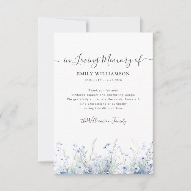 watercolor blue floral funeral thank you note card (Front)