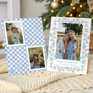 Watercolor Blue Floral Garland Christmas Photo Holiday Card