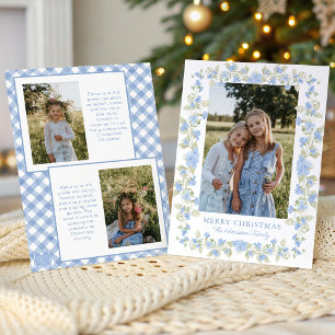 Watercolor Blue Floral Garland Christmas Photo Holiday Card