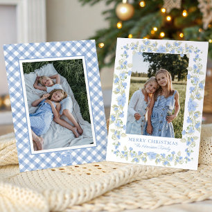 Watercolor Blue Floral Garland Christmas Photo Holiday Card