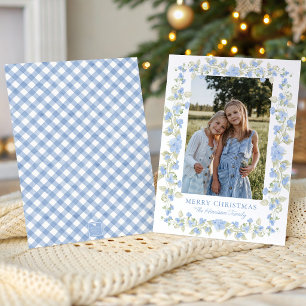 Watercolor Blue Floral Garland Christmas Photo Holiday Card