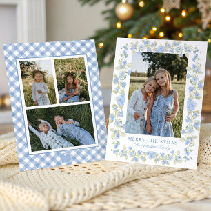 Watercolor Blue Floral Garland Christmas Photo Holiday Card