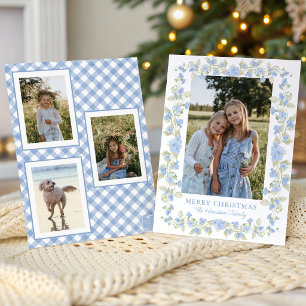 Watercolor Blue Floral Garland Christmas Photo Holiday Card
