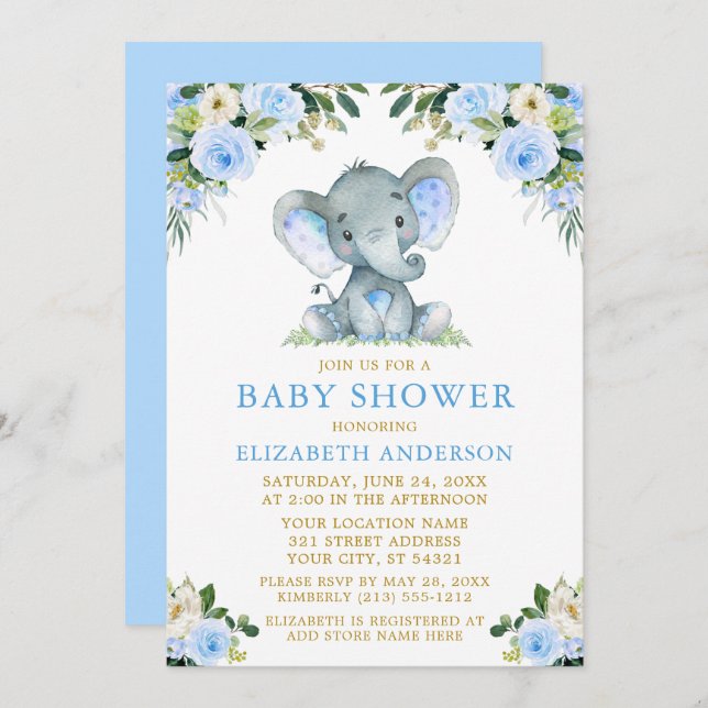 Watercolor Blue Floral Gold Baby Shower Elephant Invitation (Front/Back)